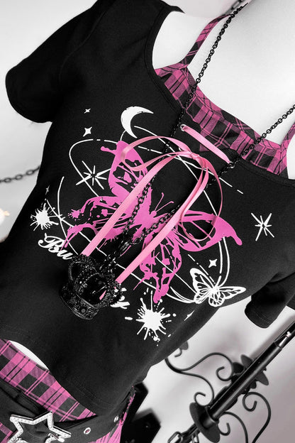 Black/Pink [Butterfly Chapter] Short Sleeves Print Gothic Jirai Kei Skirt Set