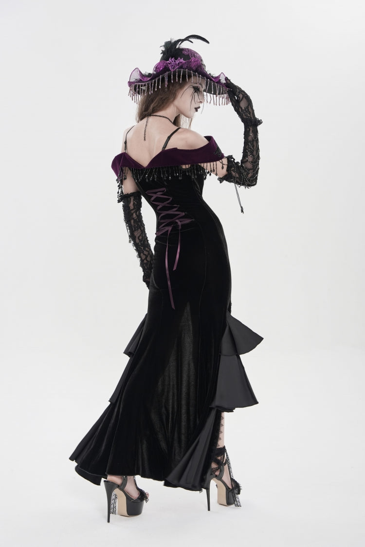 Black/Purple Off Shoulder Sleeveless Embroidered Lace Slim Women's Gothic Gorgeous Strapless Dress