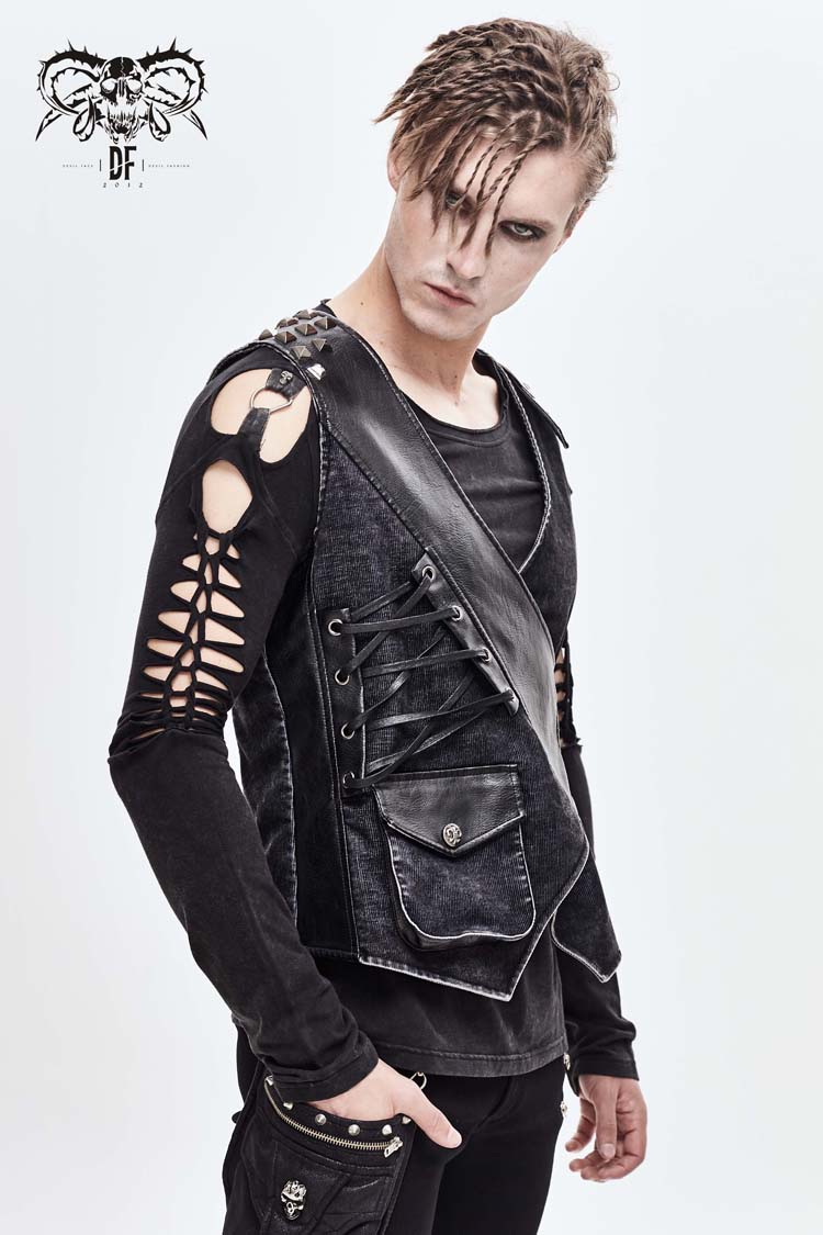 Black V Neck Asymmetric Lace Up Leather Loop Shoulder Rivet Corduroy Men's Punk Waistcoat