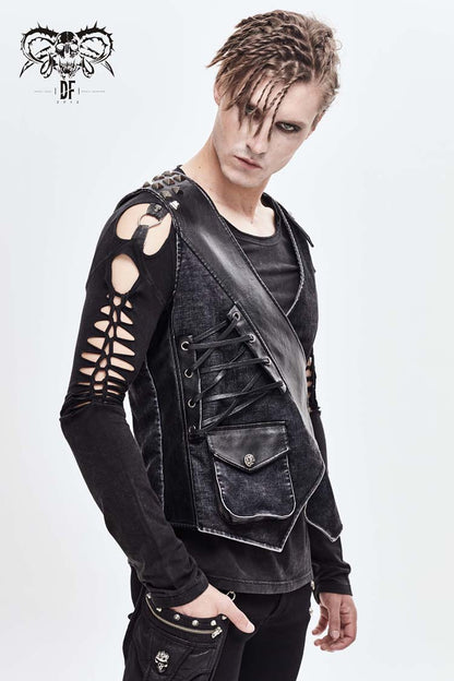 Black V Neck Asymmetric Lace Up Leather Loop Shoulder Rivet Corduroy Men's Punk Waistcoat