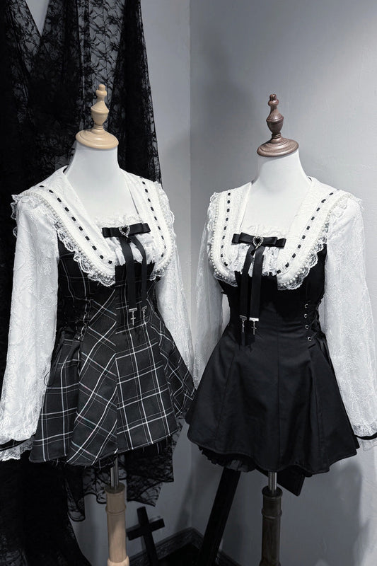 [Isle of Woven Dreams] Jirai Kei Square Collar Long Sleeves Printed Bow Lace Pearl-Decorated Gothic Japanese Dress Shorts 2 Colors