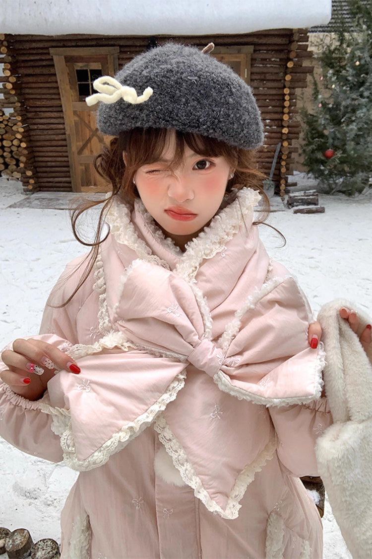Pink Duck Down Stand Collar Long Sleeves Bowknot Sweet Lolita Coat