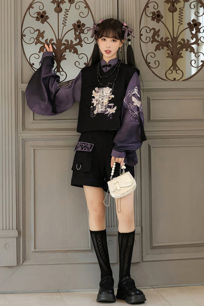 Black/Purple Stand Collar Long Sleeves Embroidery Classic Chinese Style Prince Hanfu Ouji Set
