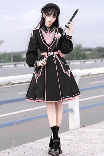 Black/Pink Long Sleeves Ruffle Gothic Military Elegant Princess Lolita Dress
