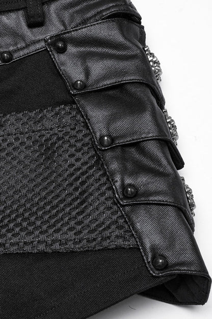 Black Stitching Faux Leather Mesh Studded Women's Punk Shorts