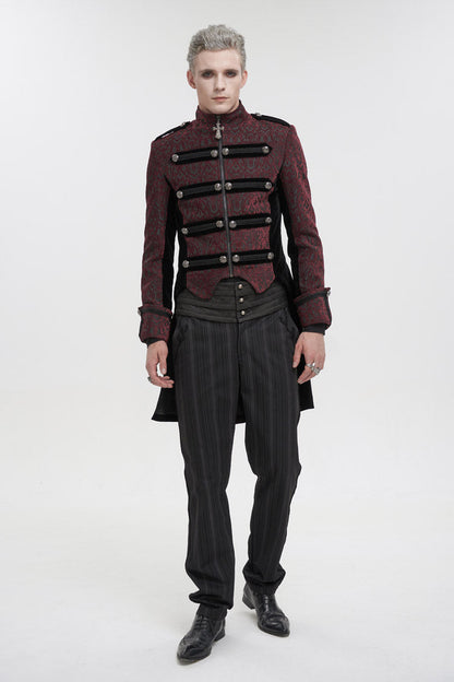 Red Silk Stand Collar Printed Metal Breasted Cross Zipper Back Slit Vintage Men's Gothic Jacket