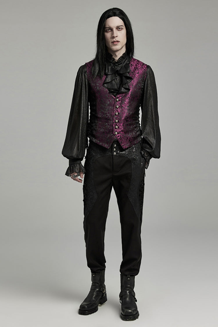 Black Stand Collar Jacquard Ruffle Men's Gothic Blouse