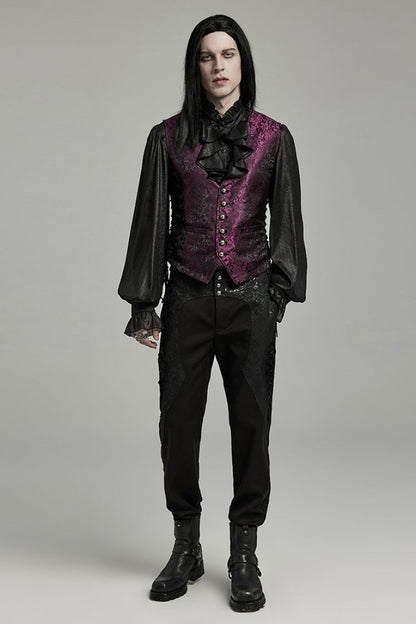 Black Stand Collar Jacquard Ruffle Men's Gothic Blouse