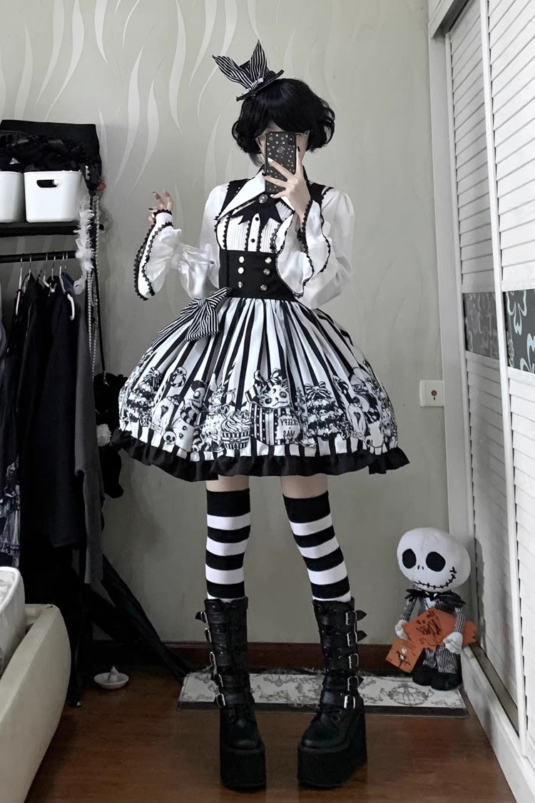 Black/White [A Weird Christmas] Sleeveless Printed Ruffled Gothic Lolita Bust-Support JSK Dress