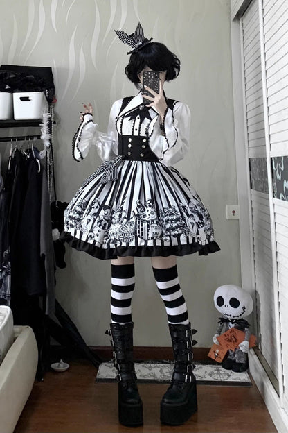Black/White [A Weird Christmas] Sleeveless Printed Ruffled Gothic Lolita Bust-Support JSK Dress
