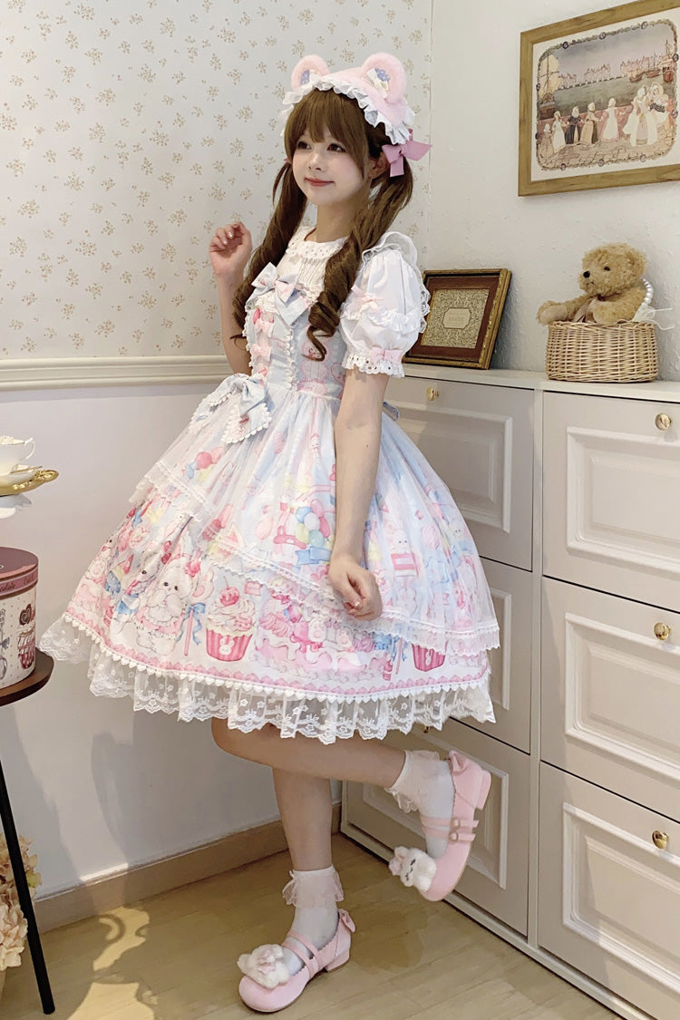 Blue [Cute Rabbit Sweet Cake] Print Ruffle Bowknot Lace Sweet Lolita Jsk Dress