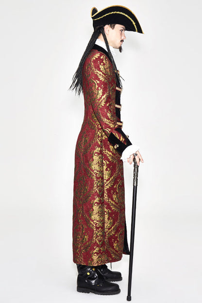 Pirate Style Red And Gold Jacquard Gothic Mens Long Coat