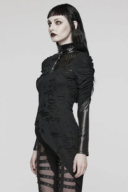 Black Stand Collar Long Sleeves Ruffle Slim Irregular Womens Steampunk T-Shirt