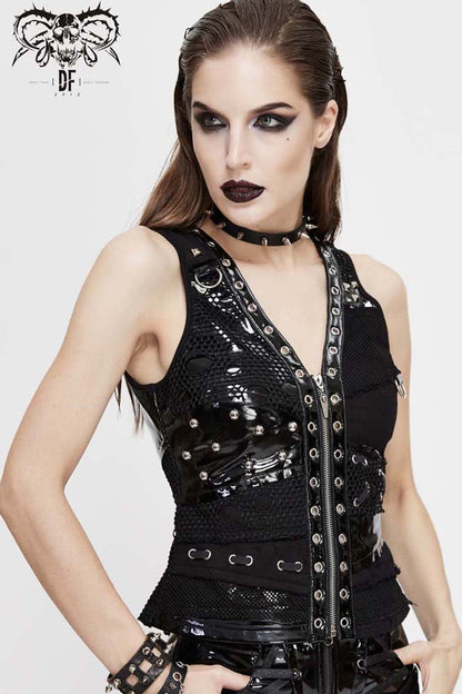 Black V Neck Splice Mesh Asymmetrical Design Heavy Metal Women's Punk Waistcoat