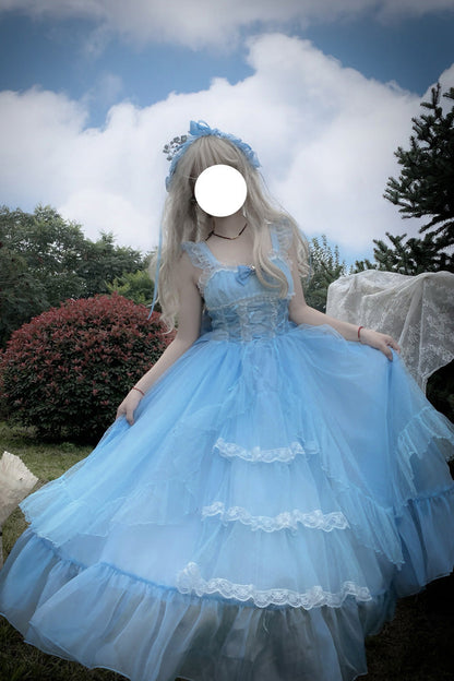 Blue [Moonlight Sonata] Ruffle Cardigan Bowknot Lace Sweet Vintage Lolita Jsk Dress