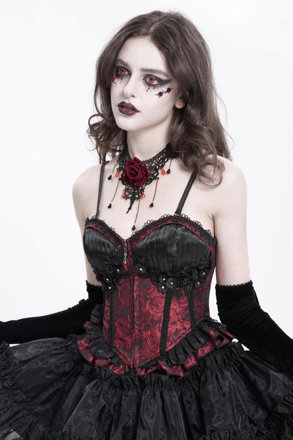 Red Sleeveless Ruffle Embroidery Lace-Up Women's Gothic Tank Top