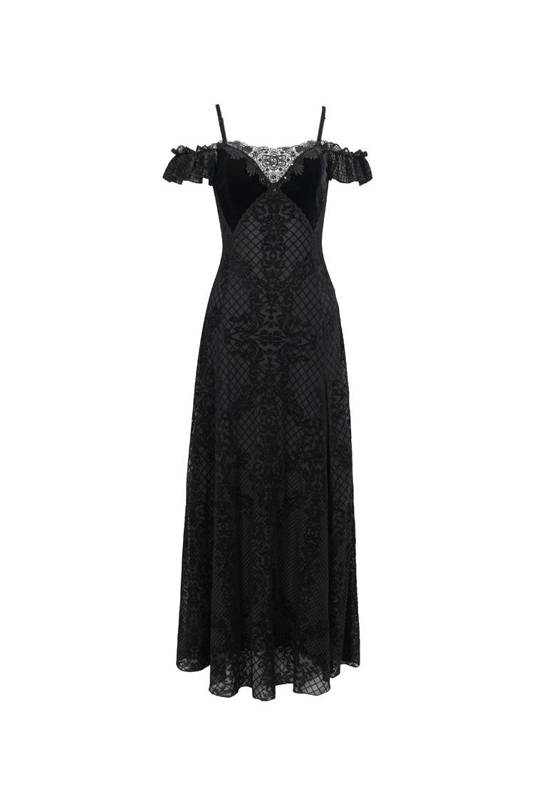 Black Velvet Lace Off Shoulder Ruffled Double Layer Slit Women's Gothic Dresses