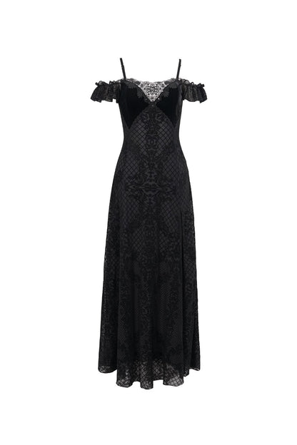 Black Velvet Lace Off Shoulder Ruffled Double Layer Slit Women's Gothic Dresses