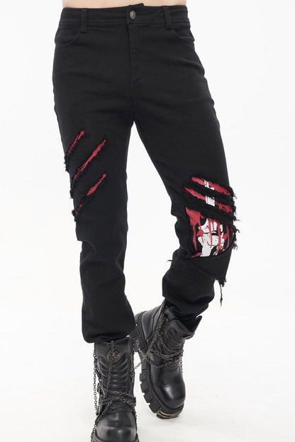 Black Punk Twill Ripped Leg-Bone Bleed Print Men's Pants