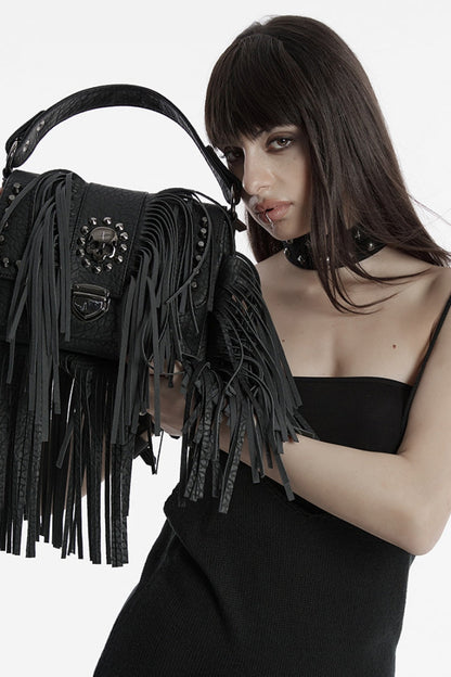Black Studded Tassels Rivet Straps Faux Leather Women's Gothic Bag