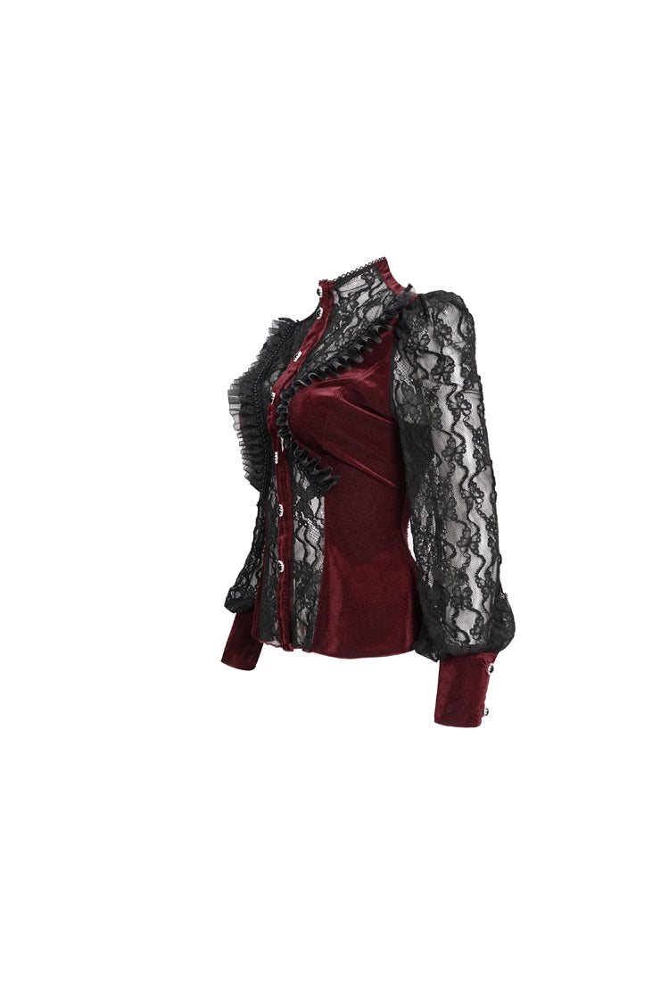 Red Velvet High Neck Lace Fake Bra Design Splicing Three-Dimensional Butterfly Mesh Women's Gothic Shirt