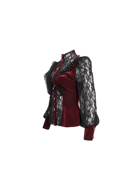 Red Velvet High Neck Lace Fake Bra Design Splicing Three-Dimensional Butterfly Mesh Women's Gothic Shirt