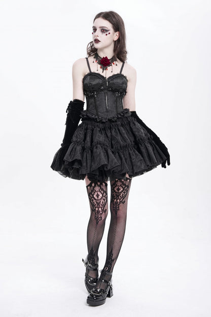 Black Sleeveless Ruffle Embroidery Lace-Up Women's Gothic Tank Top