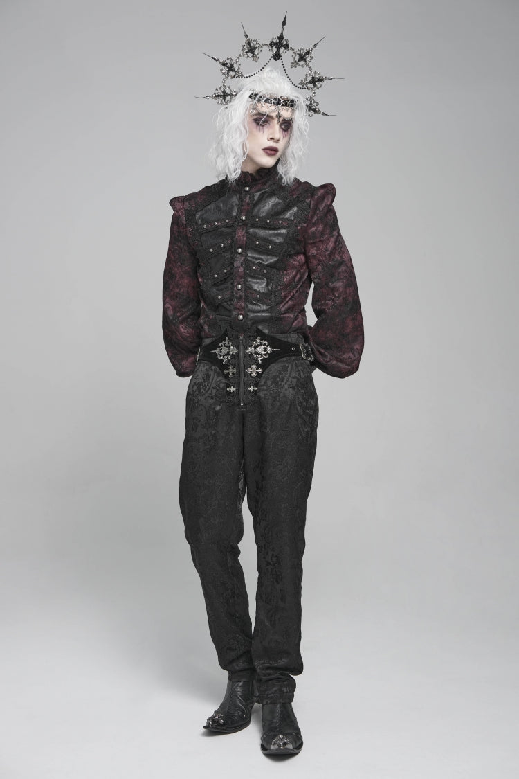 Black/Red Stand Collar Long Lantern Sleeves Floral Print Embroidery Men's Gothic Blouse
