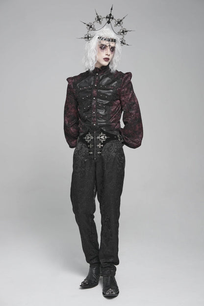 Black/Red Stand Collar Long Lantern Sleeves Floral Print Embroidery Men's Gothic Blouse