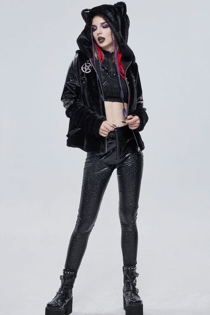 Black Punk Cuff Pleated Design Metal Five-Pointed Star Shape Belt Decoration Cat Ear Women's Coat