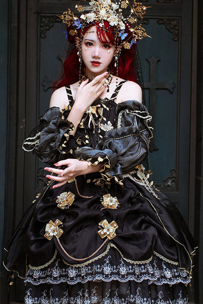 Black Vintage Elegant Court Style Embroidery Ruffled Classic Lolita JSK Dress