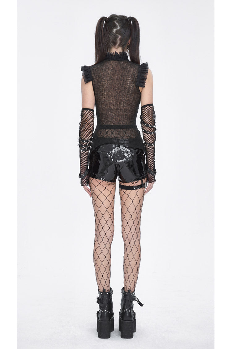 Black Sleeveless Ruffle Lace-Up Sheer Women's Gothic Blouse