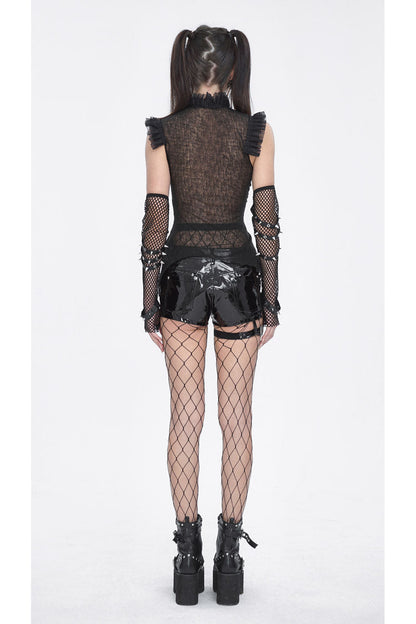 Black Sleeveless Ruffle Lace-Up Sheer Women's Gothic Blouse