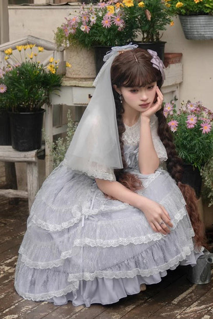 Blue Iris Love Multi-layer Jacquard Bowknot Sweet Elegant Princess Lolita Jsk Dress