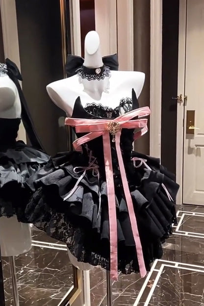 Black [Kitten Sweetheart] Multi-Layered Ruffled Bow Lace-Up Princess Ballet Gothic Lolita Jsk Dress