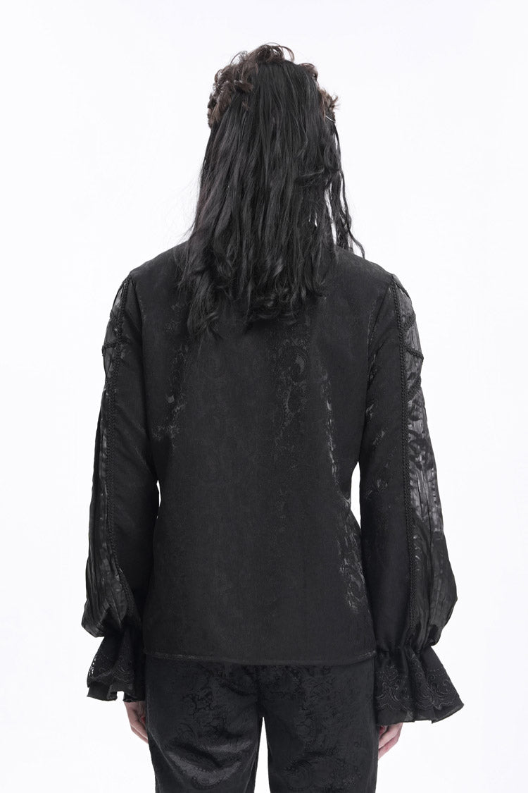 Black Stand Collar Long Sleeves Pleated Lace Crochet Men's Gothic Blouse