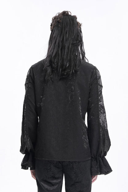 Black Stand Collar Long Sleeves Pleated Lace Crochet Men's Gothic Blouse