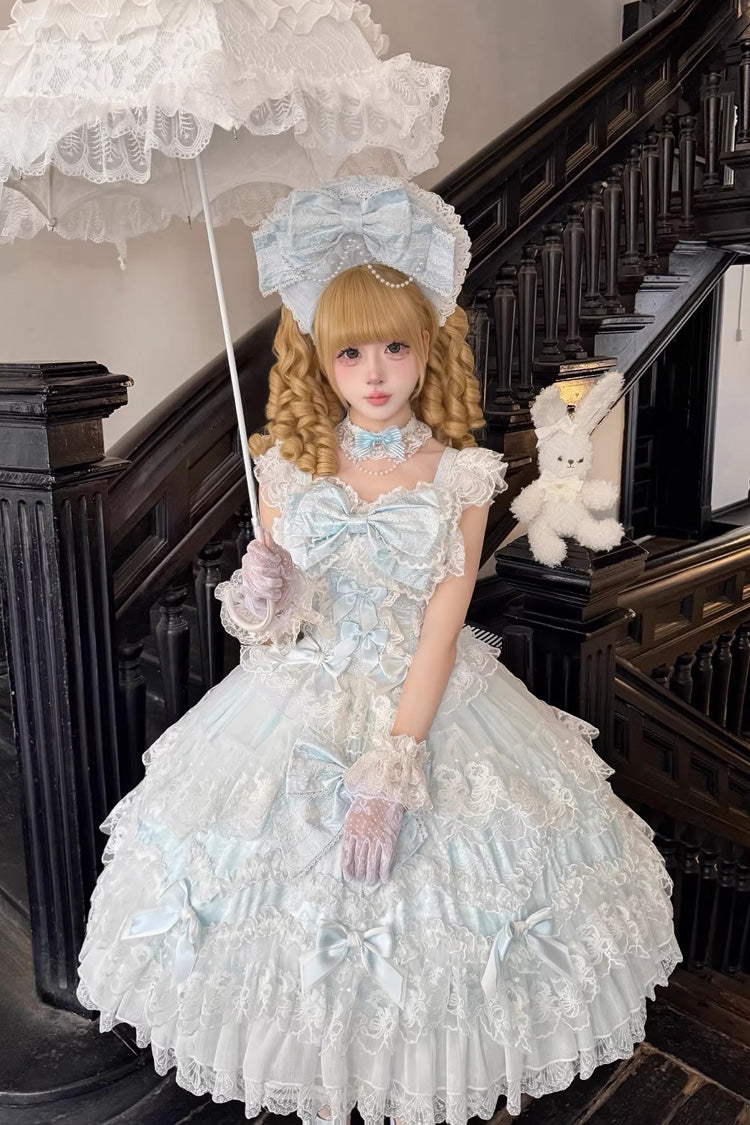 Blue [Sakura Dream Romance] Sleeveless Multi-Layered Ruffled Hanayome Bow Lace Sweet Princess Lolita Jsk Dress