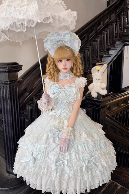 Blue [Sakura Dream Romance] Sleeveless Multi-Layered Ruffled Hanayome Bow Lace Sweet Princess Lolita Jsk Dress