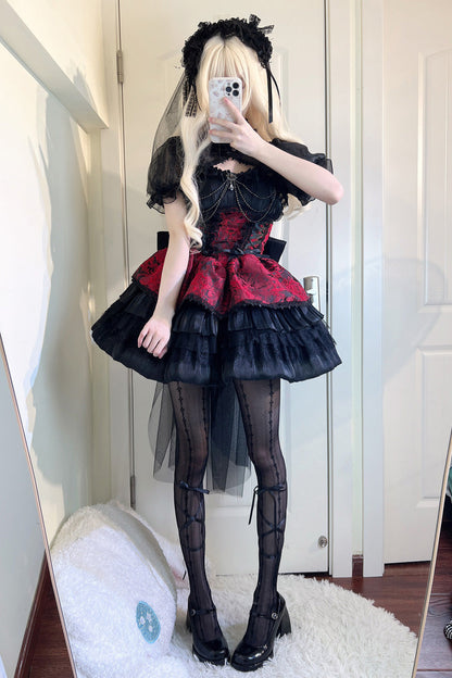 Black/Red Ancient Dream of the Dark Night Print Ruffle Gothic Lolita Jsk Dress