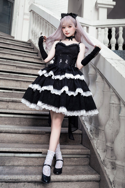 Black Triple-Layered Ruffle Embroidery Bowknot Gothic Lolita Jsk Dress