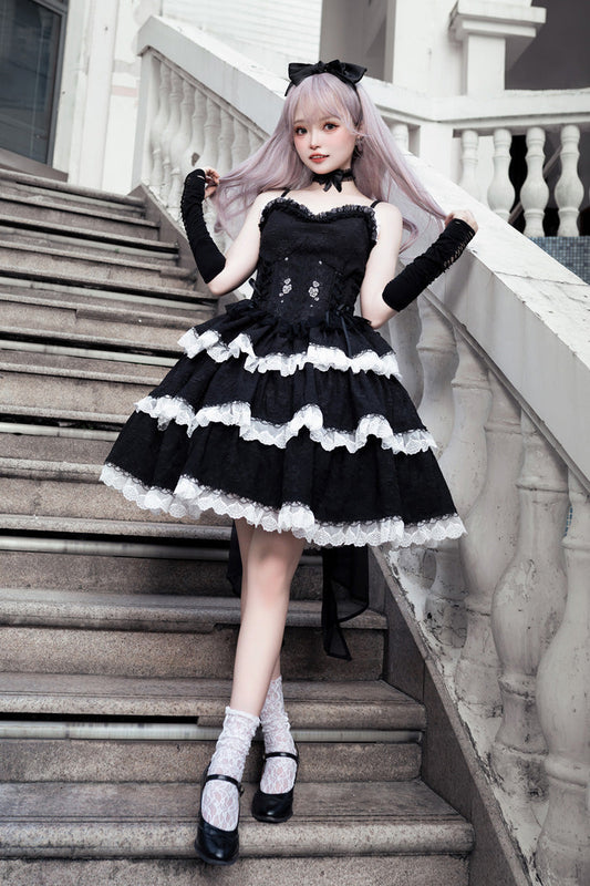 Black Triple-Layered Ruffle Embroidery Bowknot Gothic Lolita Jsk Dress
