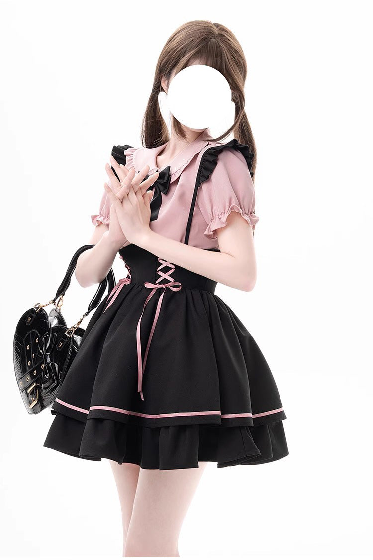 Black/Pink First Sakura Short Sleeves Multi-layer Lace-Up Sweet Jirai Kei Japanese Set