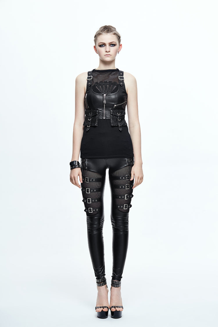 Black/Silver Hand Rubbed Leather Hasp Zipper Short Women's Punk Waistcoat