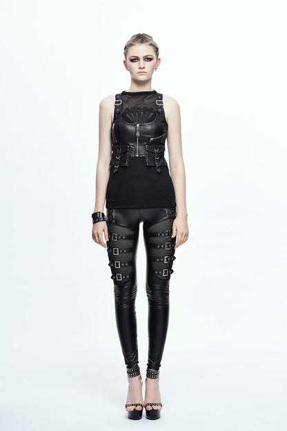 Black/Silver Hand Rubbed Leather Hasp Zipper Short Women's Punk Waistcoat