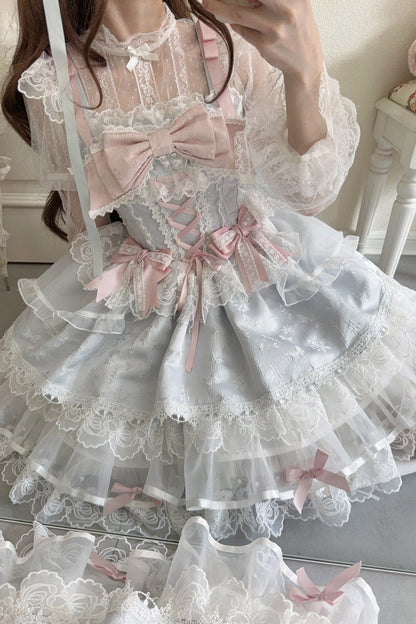 Blue [Fleishi Island] Sleeveless Ruffle Bowknot Lace Slim Sweet Ballet Lolita Jsk Dress