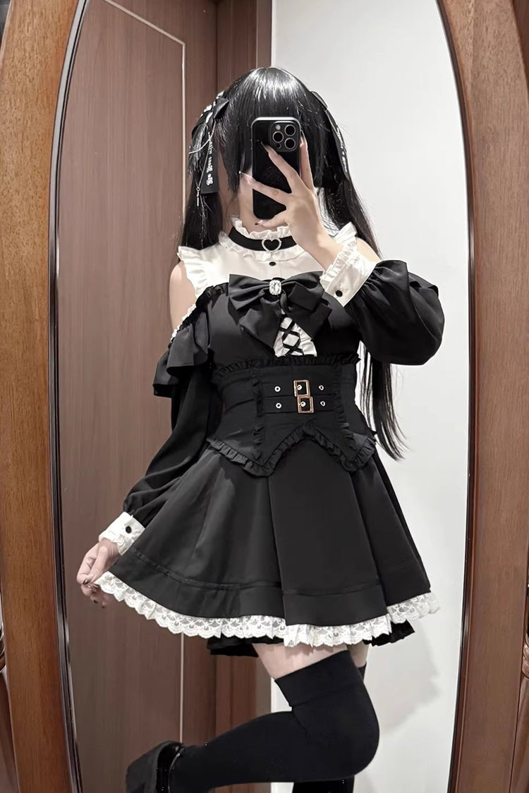 Black/White Off Shoulder Long Sleeves Ruffled Jirai Kei Japanese Dress Set