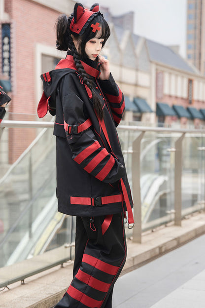 Black/Red Long Sleeves Print Cat Ears Hooded Jirai Kei Handsome Coat