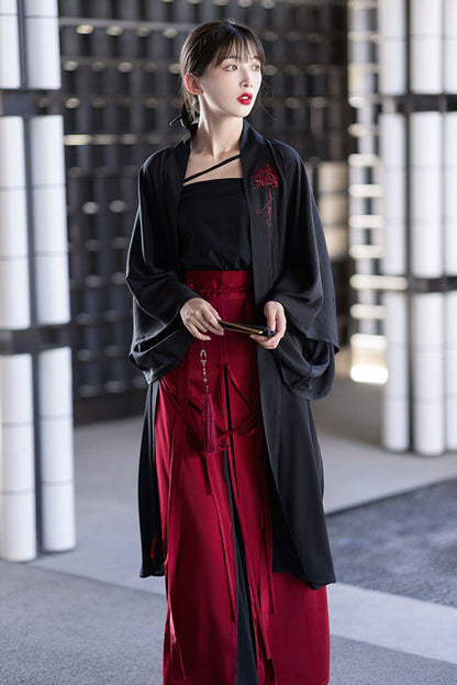 Black/Red Chinese Style Song Dynasty Flower Embroidery Long Sweet Hanfu Dress Full Set