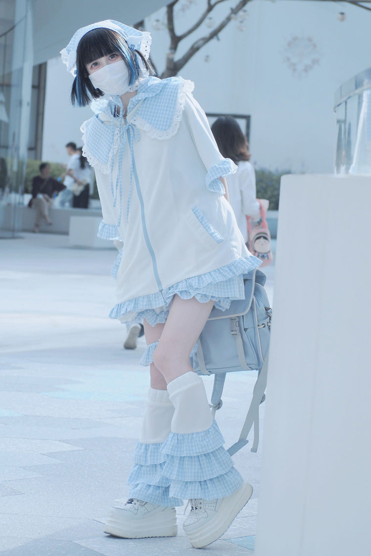 White/Blue [Heart Signal] Short Sleeves Plaid Print Jirai Kei Coat